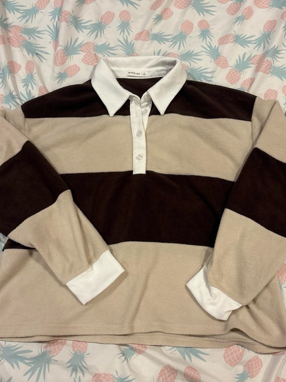 Active USA Womens Brown and Beige Striped V-Neck Rugby Sweater